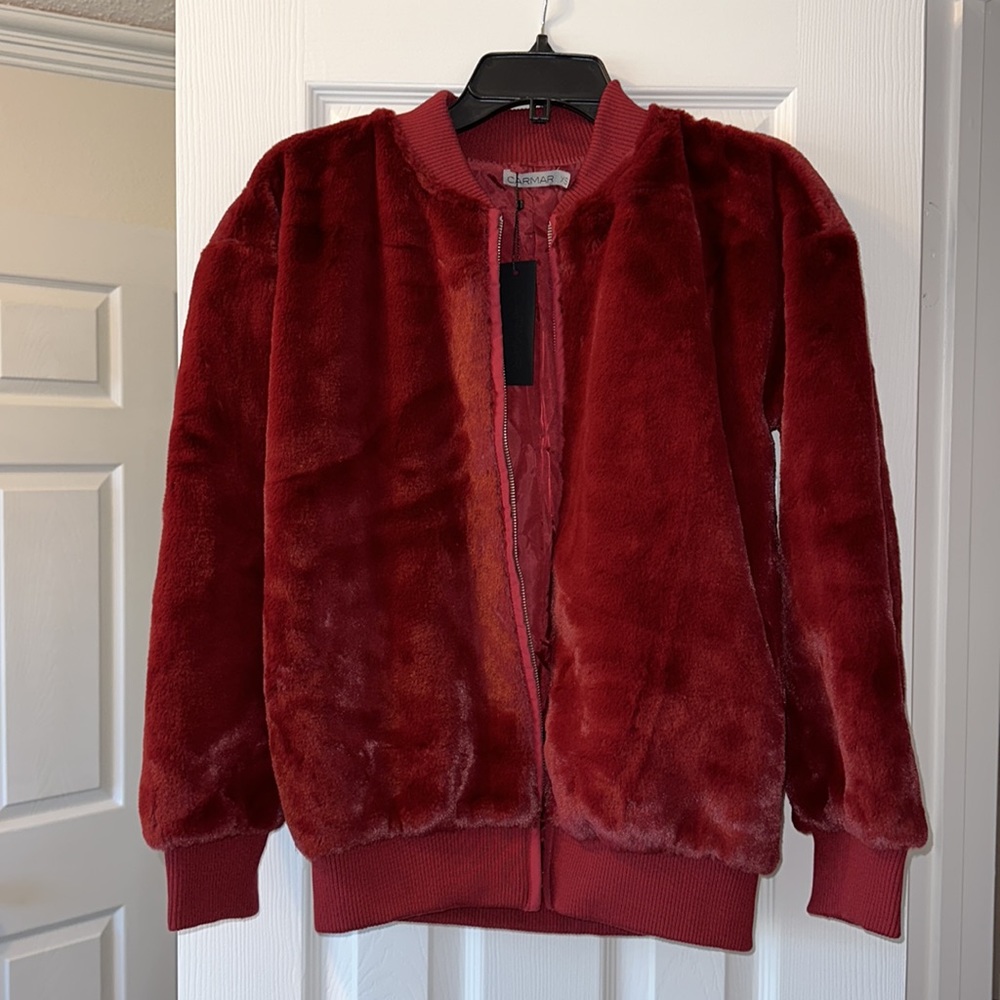 LF Carmar velvet fuzzy maroon bomber jacket XS